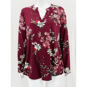 Othyroce Top Womens 1X Burgundy Floral Long Sleeve V-Neck Stretch Peasant Boho